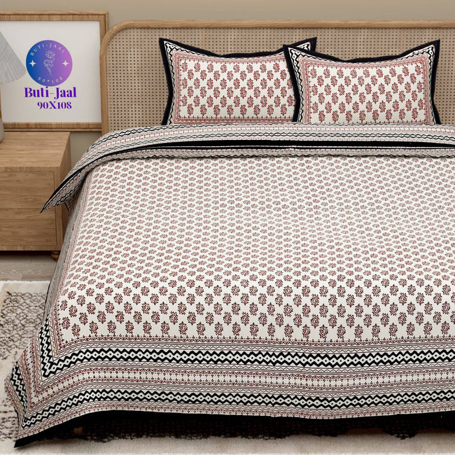 Red Black Handblock Printed Cotton 200TC King Bedsheet With 2 Zipper Pillow Covers - King Size by House of Ree Hover Image