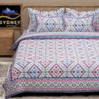 White Blue Ethnic Motifs Cotton 200TC King Bedsheet With 2 Zipper Pillow Covers - King Size by House of Ree