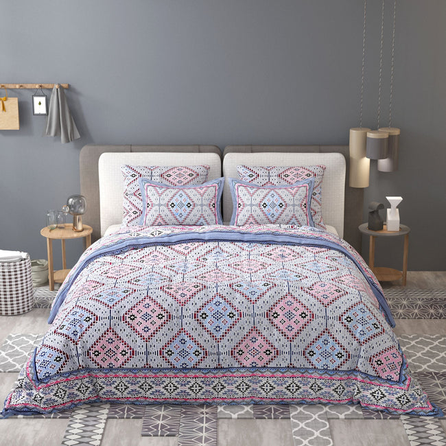 White Blue Ethnic Motifs Cotton 200TC King Bedsheet With 2 Zipper Pillow Covers - King Size by House of Ree Hover Image