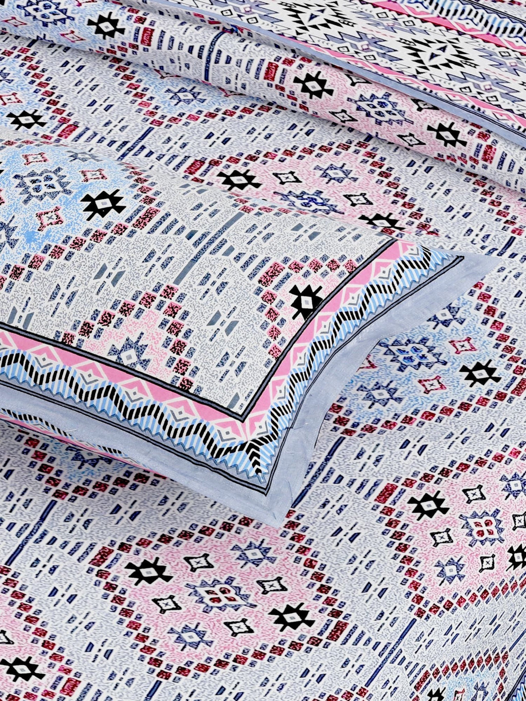 White Blue Ethnic Motifs Cotton 200TC King Bedsheet With 2 Zipper Pillow Covers - King Size by House of Ree