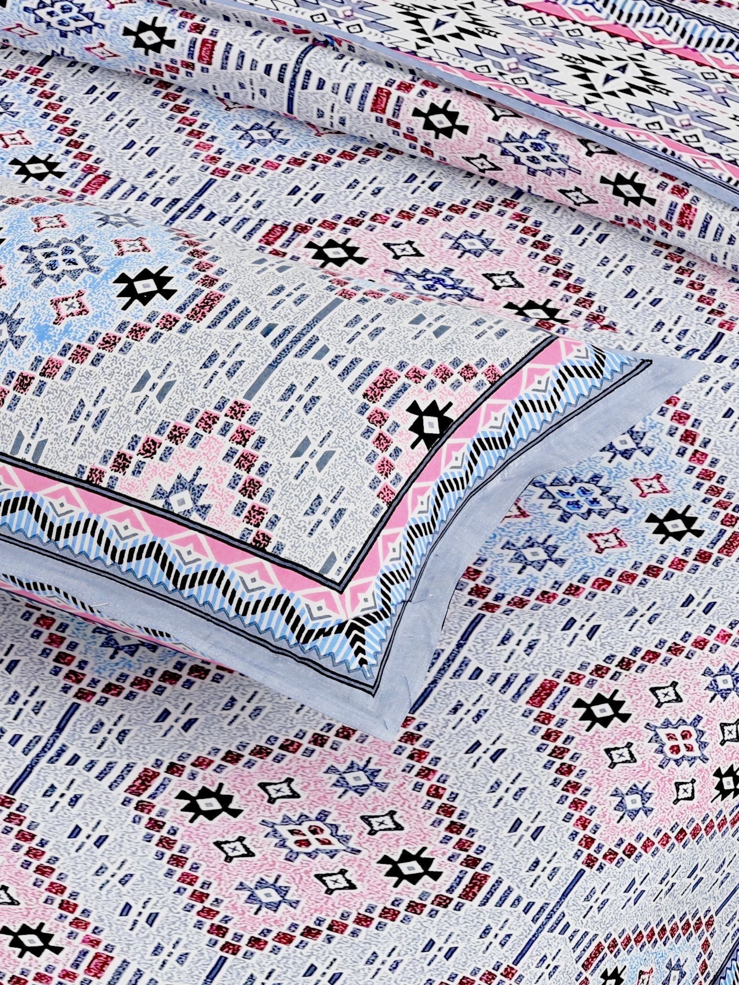 White Blue Ethnic Motifs Cotton 200TC King Bedsheet With 2 Zipper Pillow Covers - King Size by House of Ree