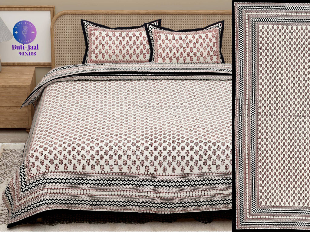 Red Black Handblock Printed Cotton 200TC King Bedsheet With 2 Zipper Pillow Covers - King Size by House of Ree