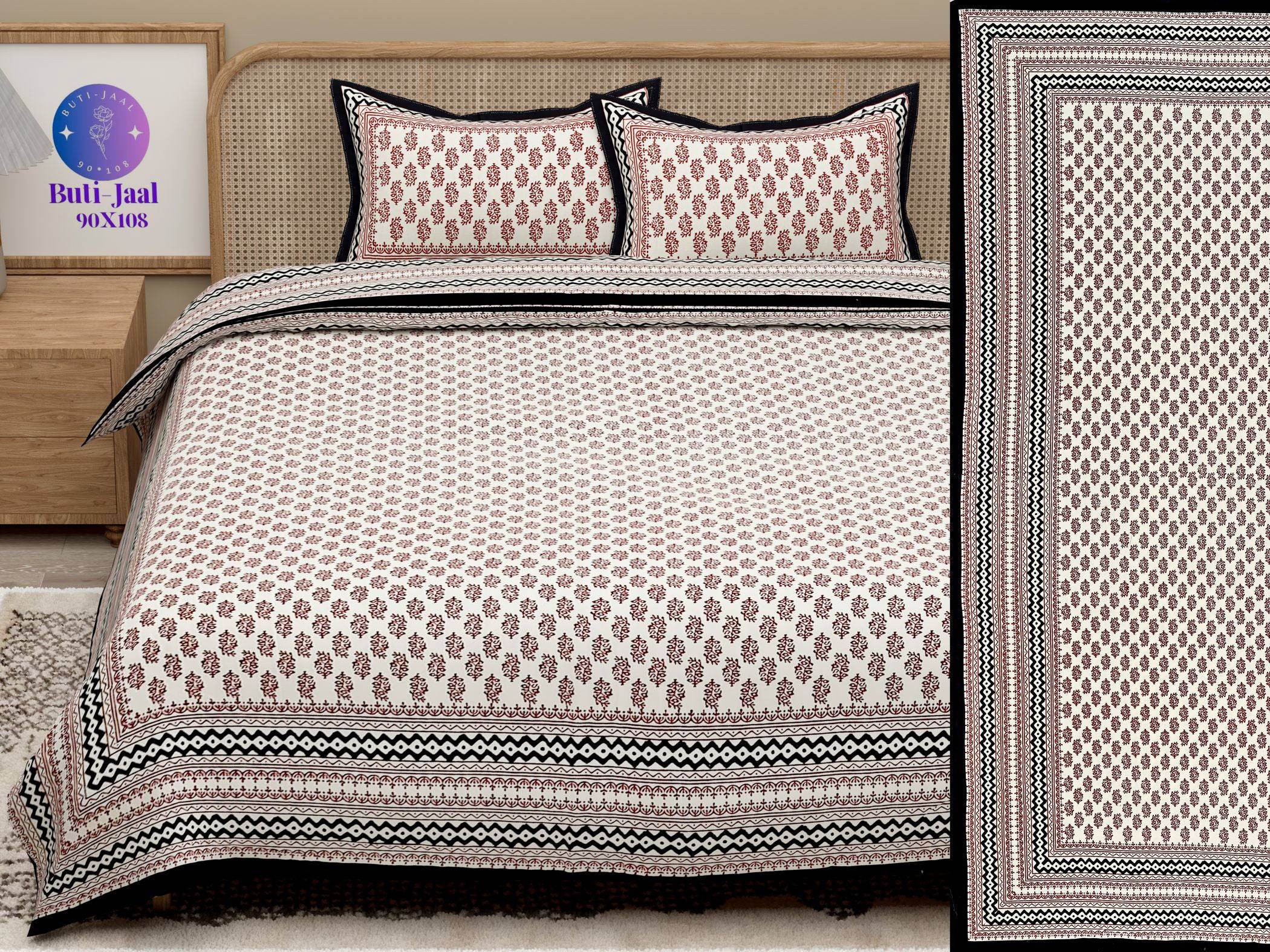 Red Black Handblock Printed Cotton 200TC King Bedsheet With 2 Zipper Pillow Covers - King Size by House of Ree