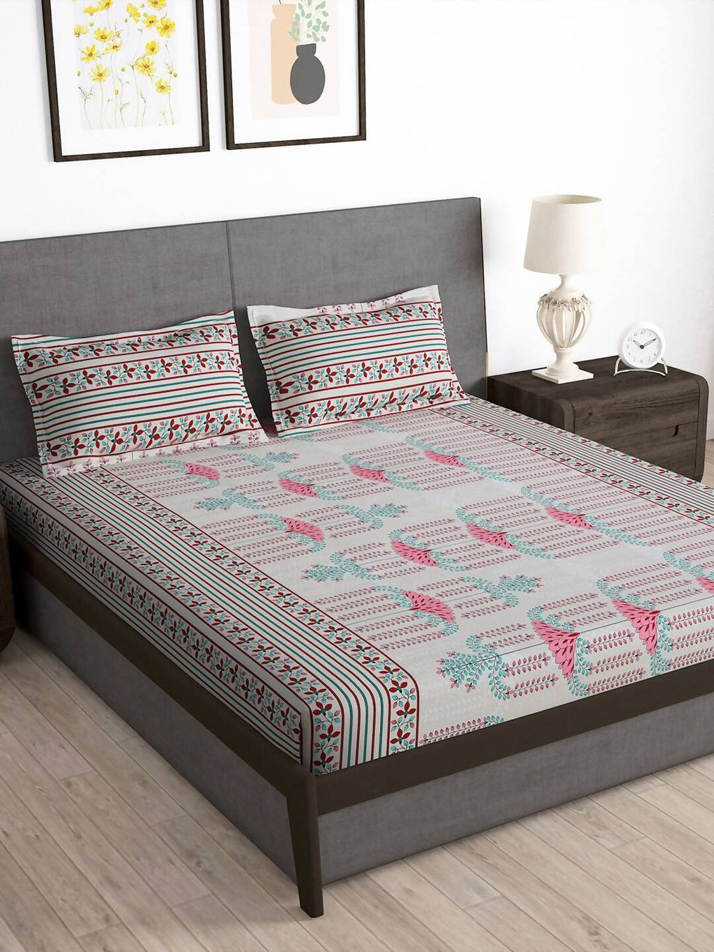 Story@home Grey & Pink Ethnic Motifs 180 TC Bedsheet with Pillow Cover