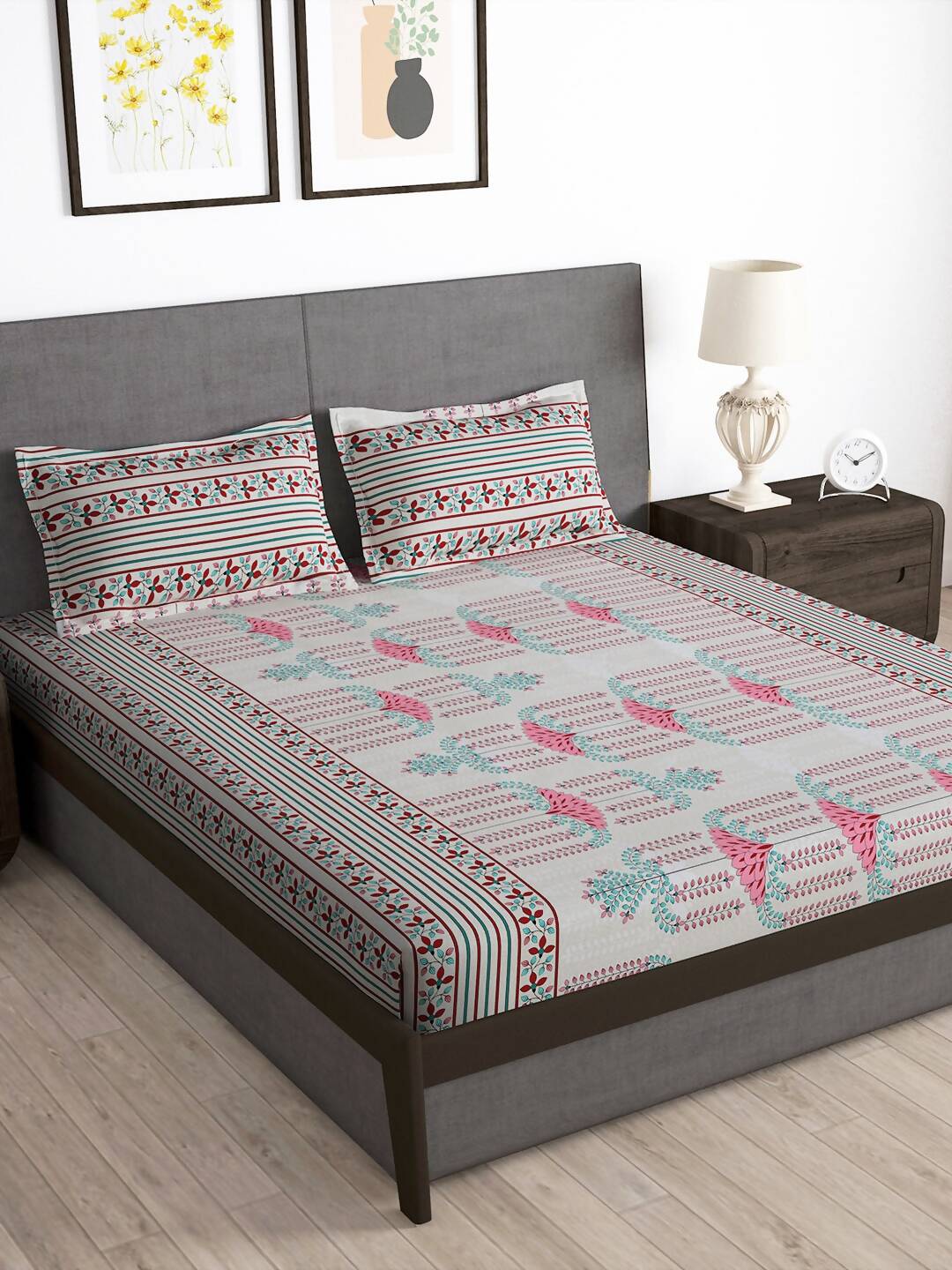 Story@home Grey & Pink Ethnic Motifs 180 TC Bedsheet with Pillow Cover