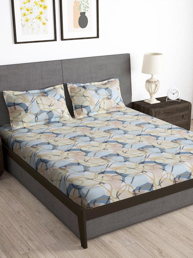 Story@home Arena Cream-Coloured & Grey Printed 180 TC Bedsheet & Pillow Covers Hover Image