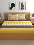 Home Ecstasy Mustard & Cream Ethnic Motifs 140TC Bedsheet With Pillow Covers
