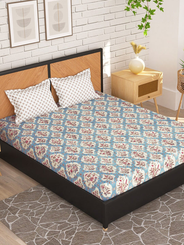 Story@home Cream-Coloured & Pink Floral Microfiber 180 TC Queen Bedsheet & 2 Pillow Covers