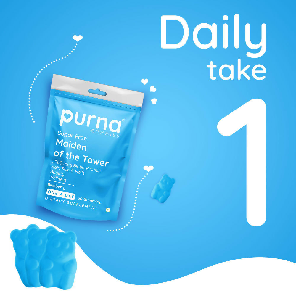 Purna Gummies Hair Biotin Blueberry Sugar Free Gummies with Vitamin B12 for Hair & Nails