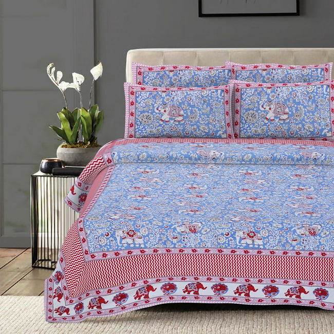 Rudra Bazaar Red Blue 210 TC Cotton Double King Bedsheet With 2 Pillow Covers Main Image
