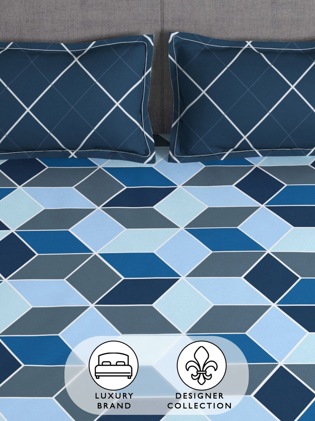 Story@home Arena Blue & Grey Geometric Printed 180 TC Queen Bedsheet & 2 Pillow Covers