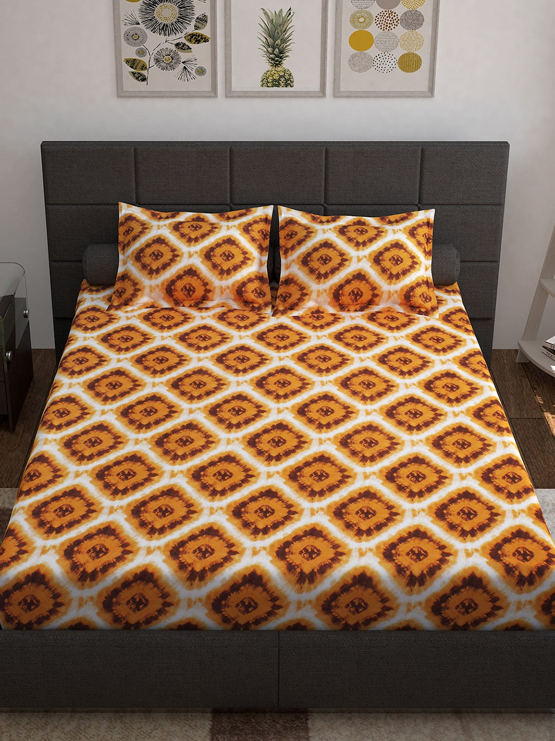 Story@home Unisex Yellow Geometric Cotton 152 TC 1 King Size Bedsheet with 2 Pillow Covers