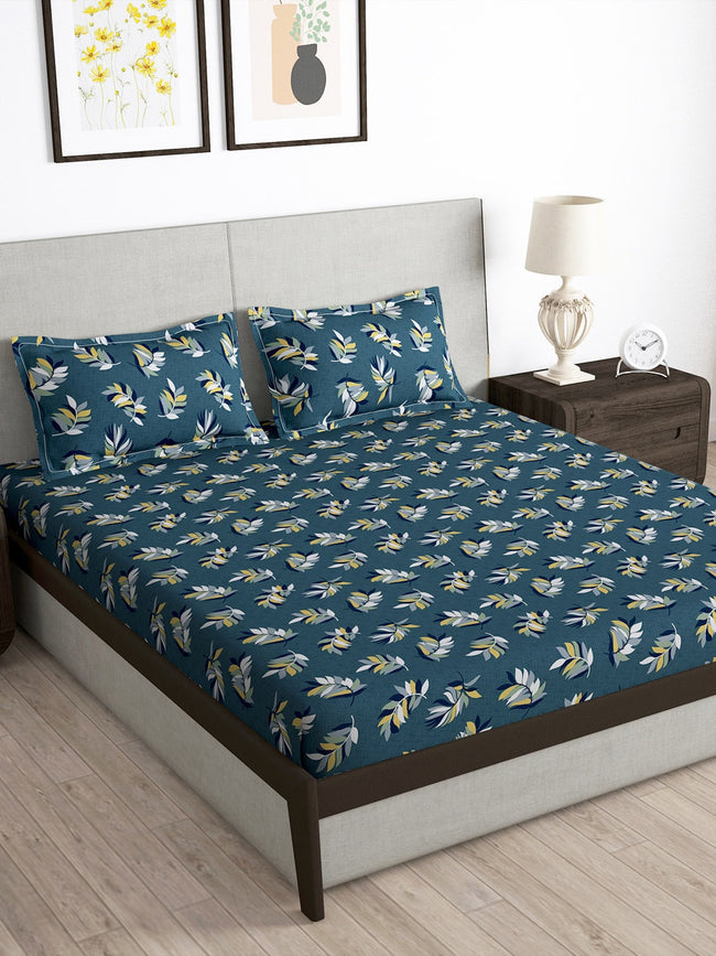 Story@home Arena Grey & Yellow Floral Printed 180 TC Queen Bedsheet & 2 Pillow Covers Hover Image