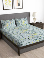 Story@home Arena Grey & Blue Floral Printed 180 TC Bedsheet & Pillow Covers