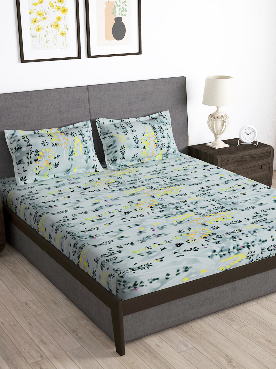 Story@home Arena Grey & Blue Floral Printed 180 TC Bedsheet & Pillow Covers
