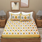 Yellow White Ethnic Motifs Cotton 300TC King Bedsheet With 2 Zipper Pillow Covers - Super King Size by House of Ree