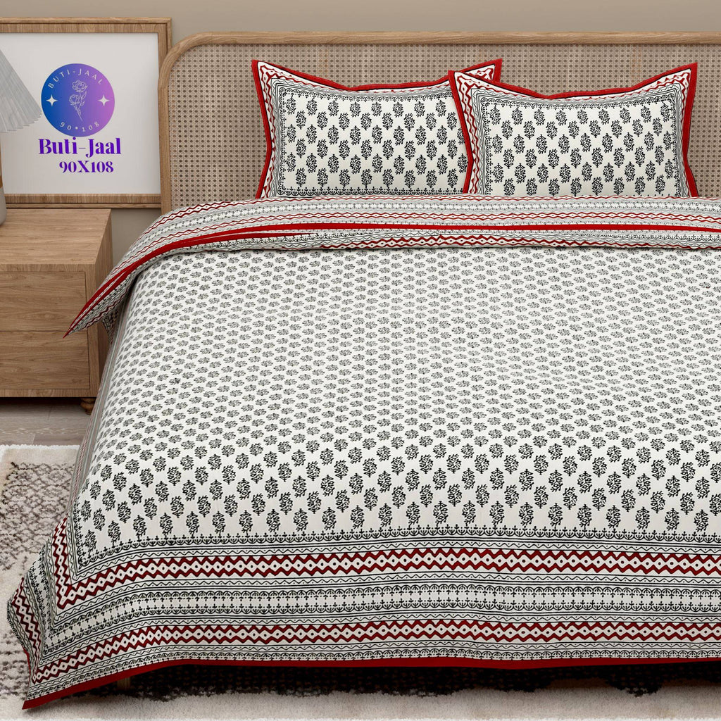 Red Green Handblock Printed Cotton 200TC King Bedsheet With 2 Zipper Pillow Covers - King Size by House of Ree