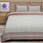 Red Green Handblock Printed Cotton 200TC King Bedsheet With 2 Zipper Pillow Covers - King Size by House of Ree