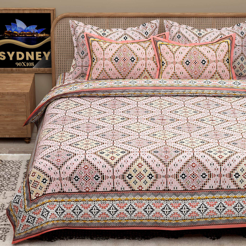 White Brown Ethnic Motifs Cotton 200TC King Bedsheet With 2 Zipper Pillow Covers - King Size by House of Ree