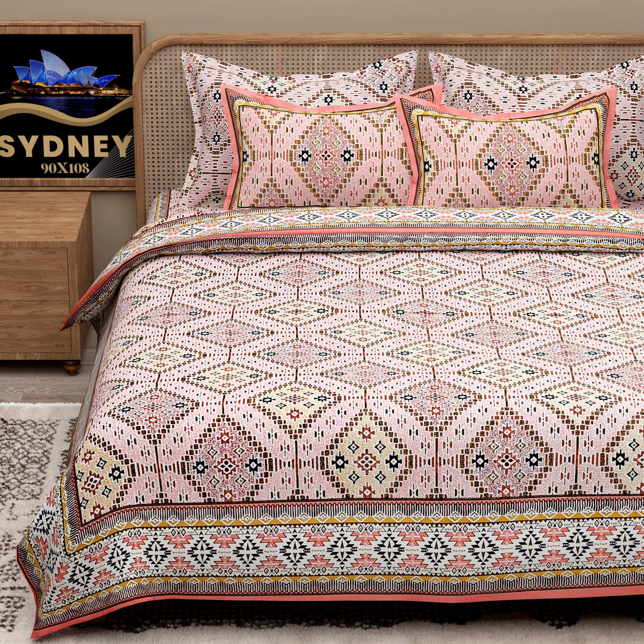 White Brown Ethnic Motifs Cotton 200TC King Bedsheet With 2 Zipper Pillow Covers - King Size by House of Ree