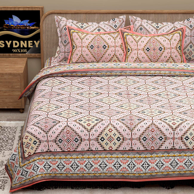 White Brown Ethnic Motifs Cotton 200TC King Bedsheet With 2 Zipper Pillow Covers - King Size by House of Ree Main Image