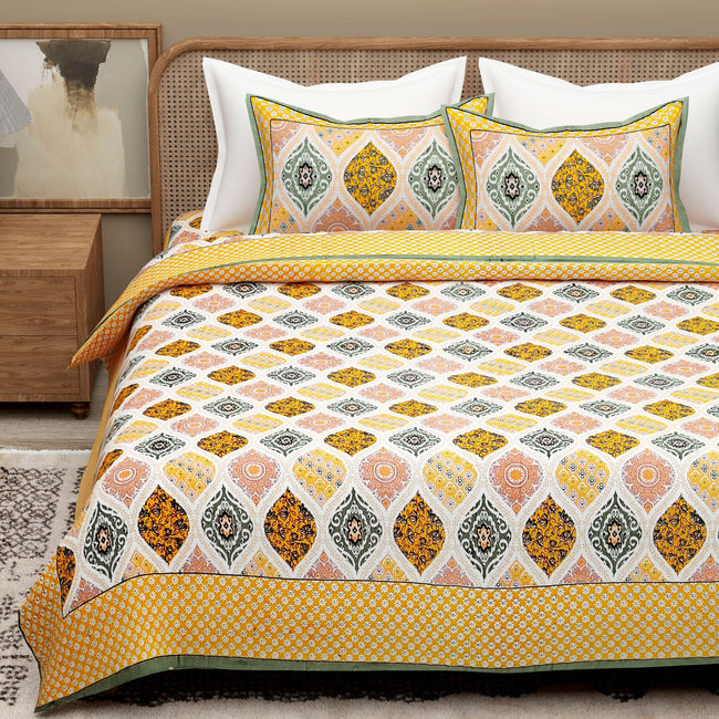 Yellow White Ethnic Motifs Cotton 300TC King Bedsheet With 2 Zipper Pillow Covers - Super King Size by House of Ree Main Image