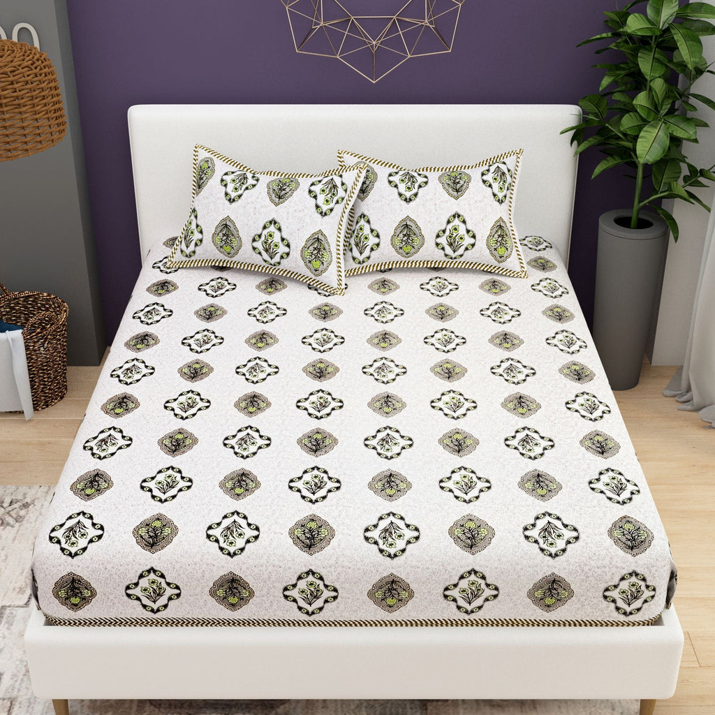 Purple White Ethnic Motifs Cotton 200TC King Bedsheet With 2 Zipper Pillow Covers - King Size by House of Ree