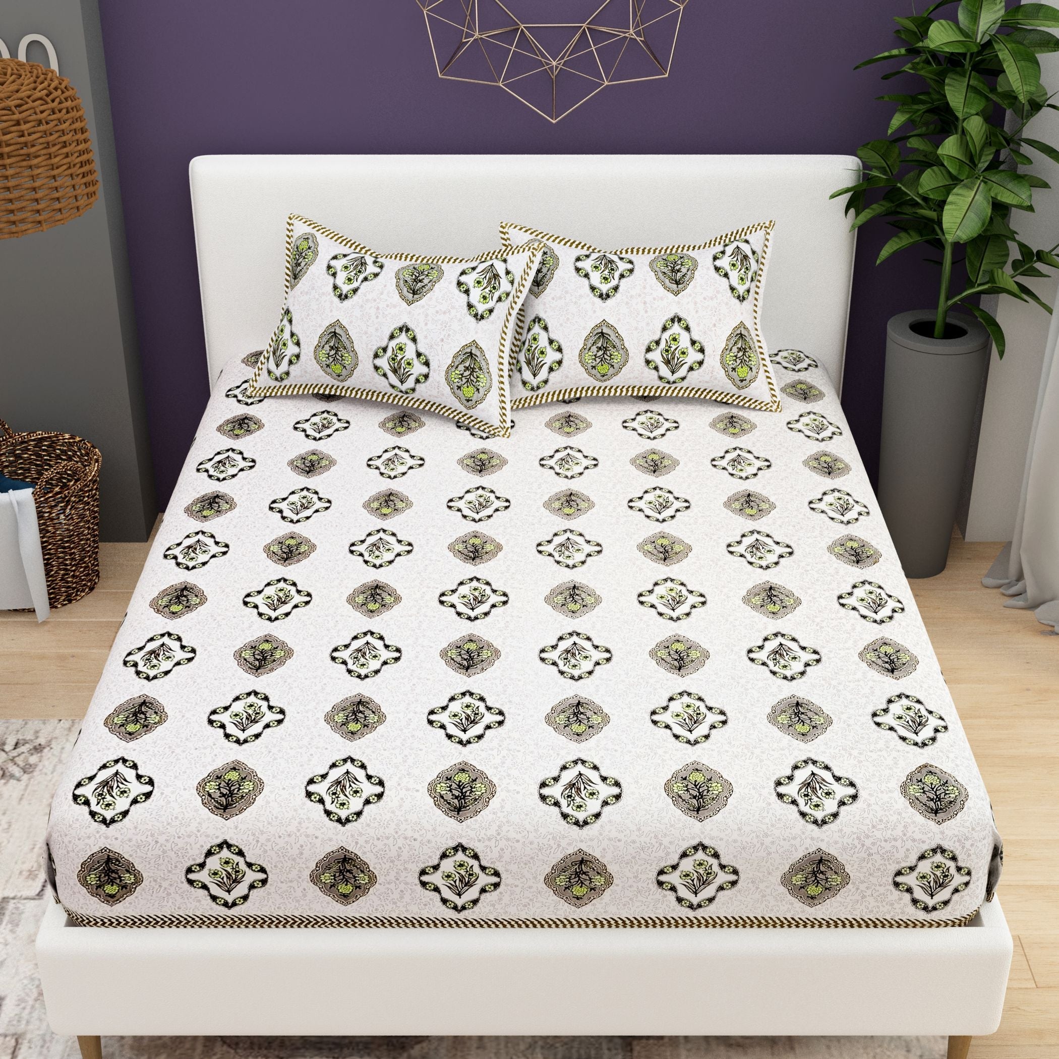 Purple White Ethnic Motifs Cotton 200TC King Bedsheet With 2 Zipper Pillow Covers - King Size by House of Ree