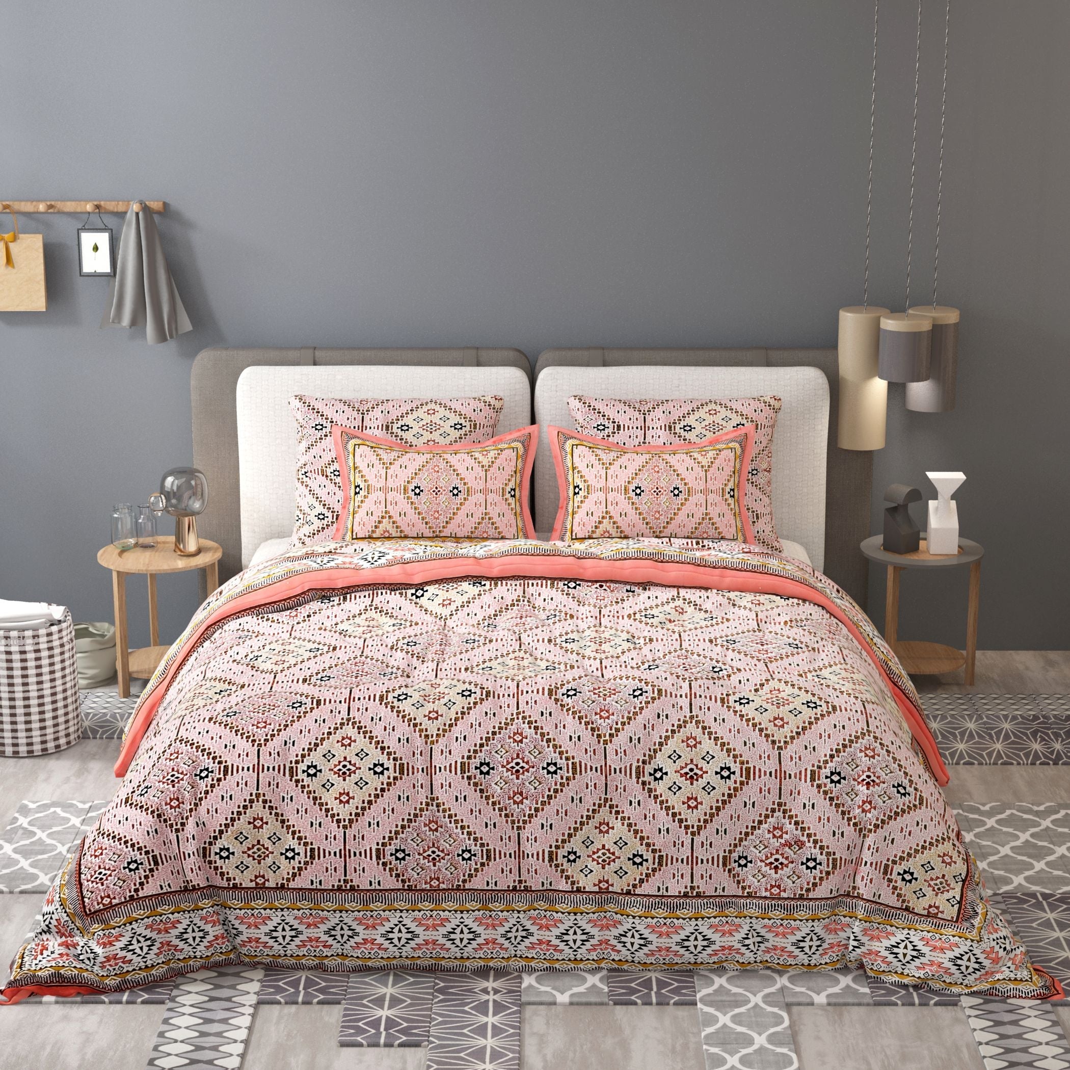 White Brown Ethnic Motifs Cotton 200TC King Bedsheet With 2 Zipper Pillow Covers - King Size by House of Ree