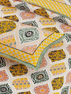 Yellow White Ethnic Motifs Cotton 300TC King Bedsheet With 2 Zipper Pillow Covers - Super King Size by House of Ree