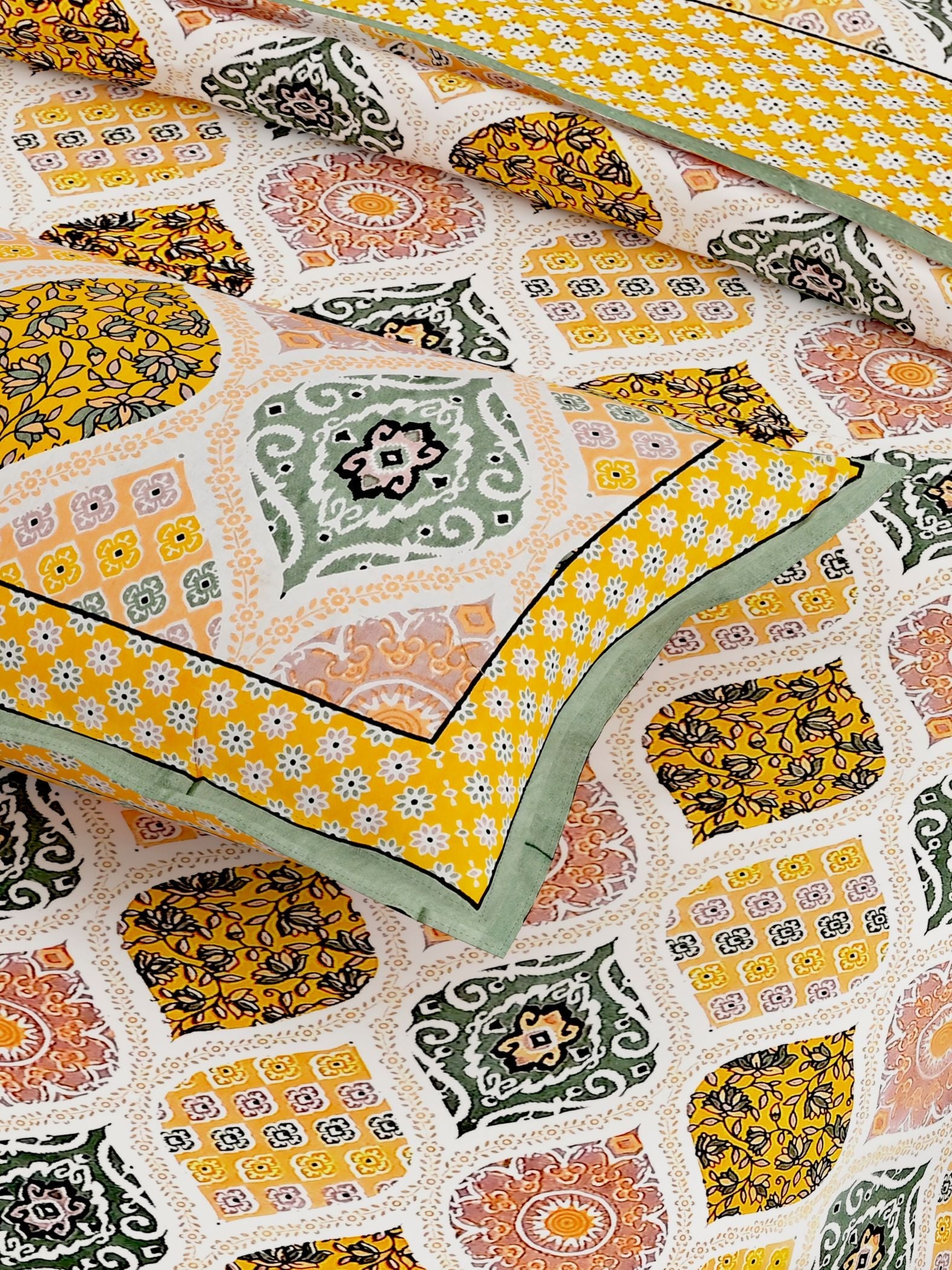 Yellow White Ethnic Motifs Cotton 300TC King Bedsheet With 2 Zipper Pillow Covers - Super King Size by House of Ree