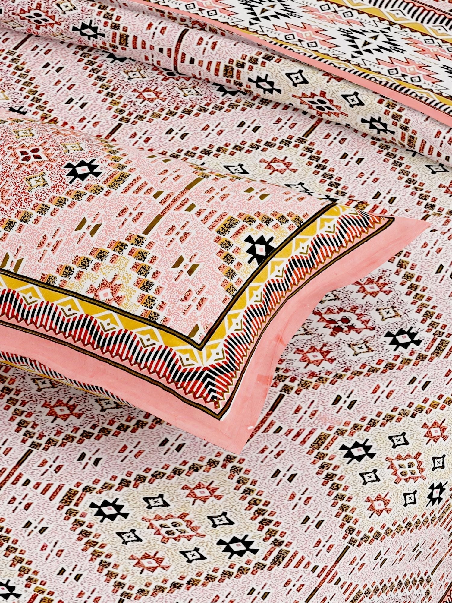 White Brown Ethnic Motifs Cotton 200TC King Bedsheet With 2 Zipper Pillow Covers - King Size by House of Ree