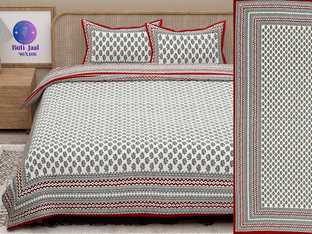 Red Green Handblock Printed Cotton 200TC King Bedsheet With 2 Zipper Pillow Covers - King Size by House of Ree
