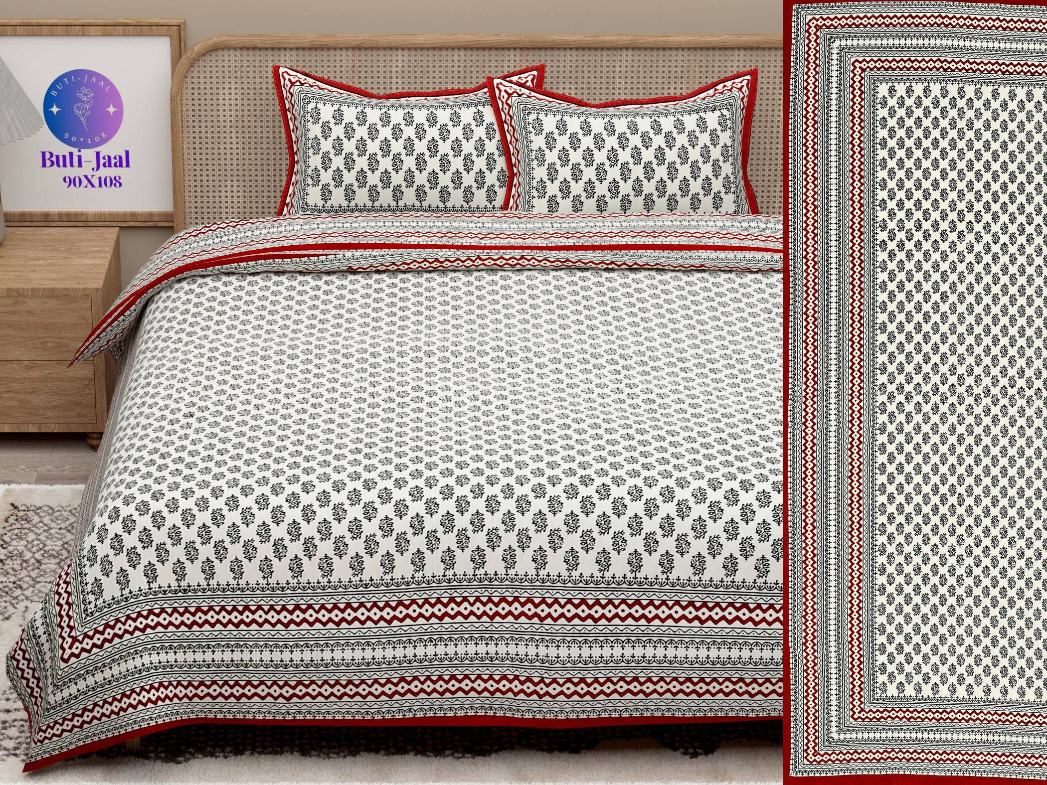 Red Green Handblock Printed Cotton 200TC King Bedsheet With 2 Zipper Pillow Covers - King Size by House of Ree