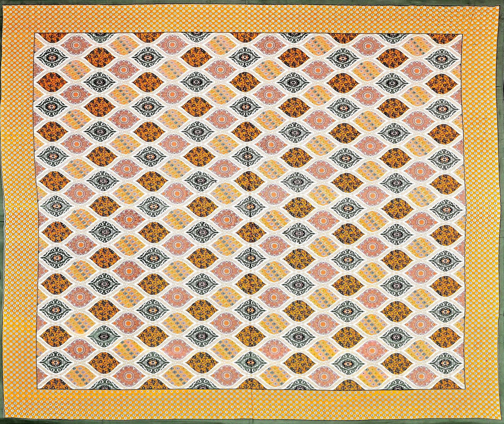 Yellow White Ethnic Motifs Cotton 300TC King Bedsheet With 2 Zipper Pillow Covers - Super King Size by House of Ree