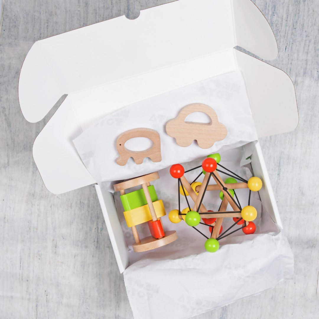 Nesta Toys Newborn Gift Set - Wooden Skwish Rattle, Clacker Rattle, Elephant & Car Teether