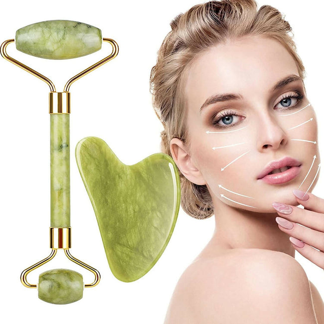 Favon Pack of Facial Roller & Gua Sha for Face, Neck Toning, Firming and Serum Application Hover Image