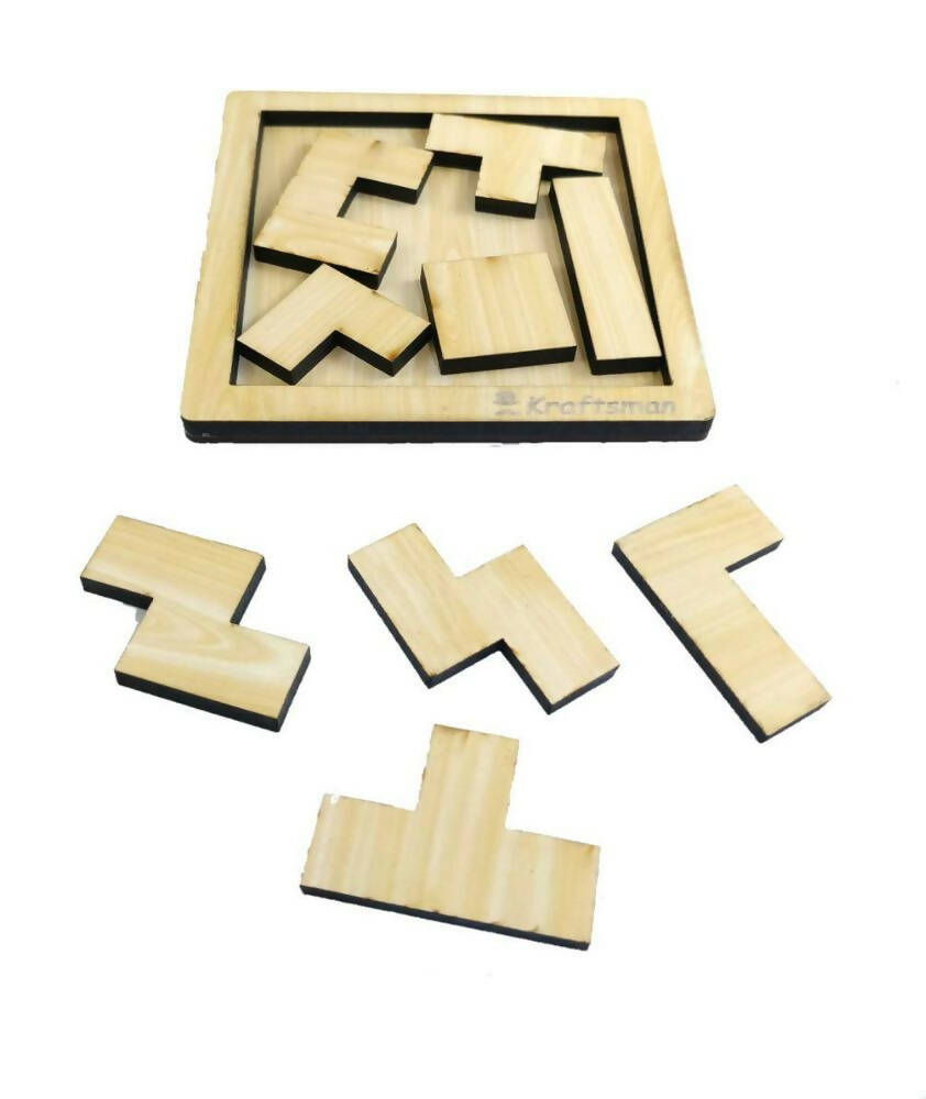 Kraftsman Portable Wooden Tetris Puzzle | 9 Pieces Puzzle 6x6 Board for Kids and Adults | Travel Pouch Included