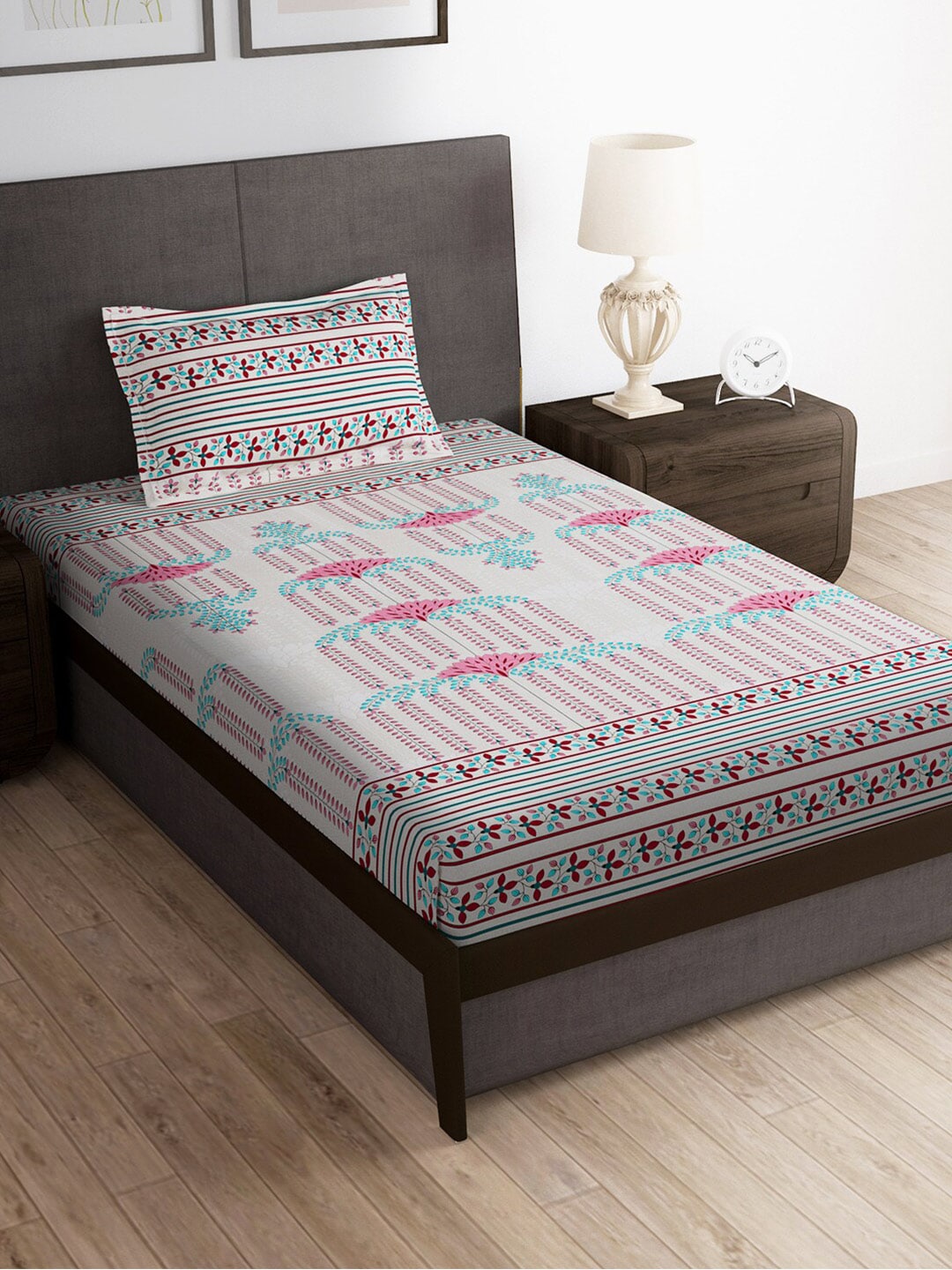 Story@home Grey & Pink Ethnic Motifs 180 TC Bedsheet with Pillow Cover