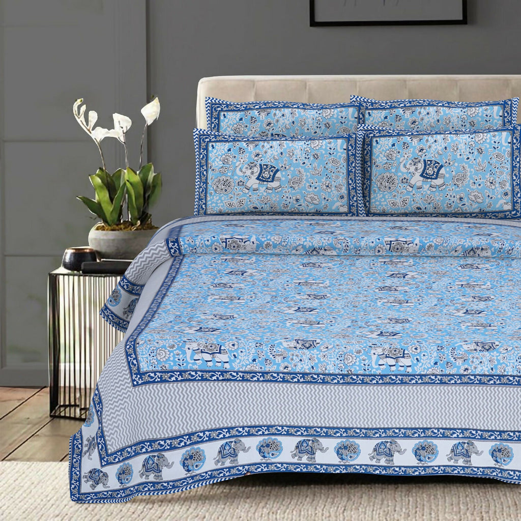 Rudra Bazaar Blue 210 TC Cotton Double King Bedsheet With 2 Pillow Covers