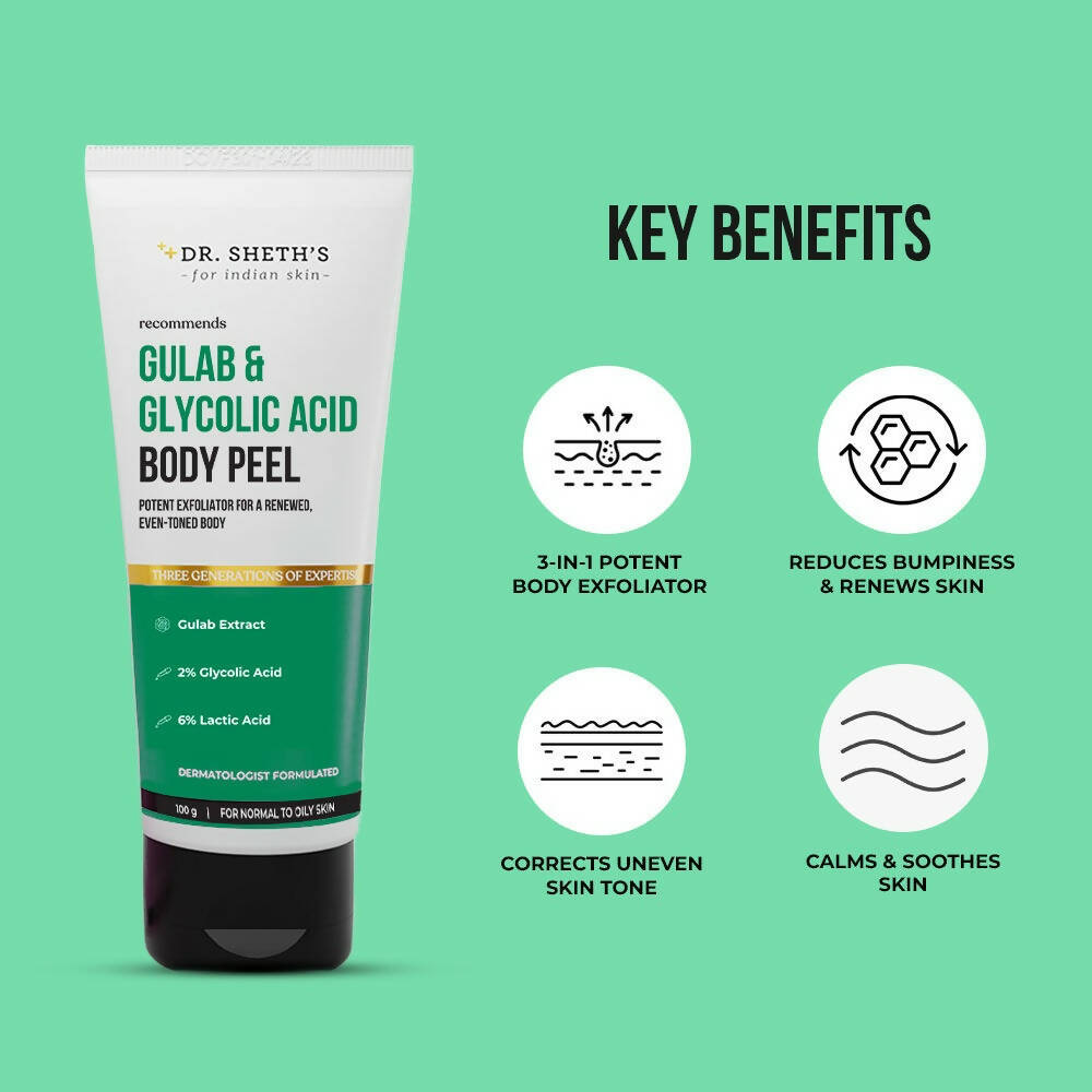Dr. Sheth's Gulab & 2% Glycolic Acid Body Peel For Glowing Skin & Tan Removal, For Normal to Oily Skin
