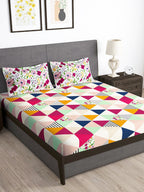 Story@home Arena Pink & Green Geometric Printed 180 TC Queen Bedsheet & 2 Pillow Covers