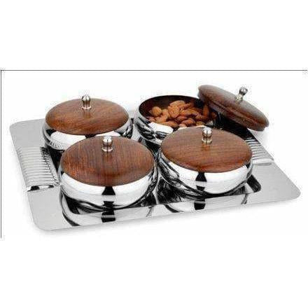 Stainless Steel Serving Set with Wooden Lid and Tray - 4 Pieces Hover Image