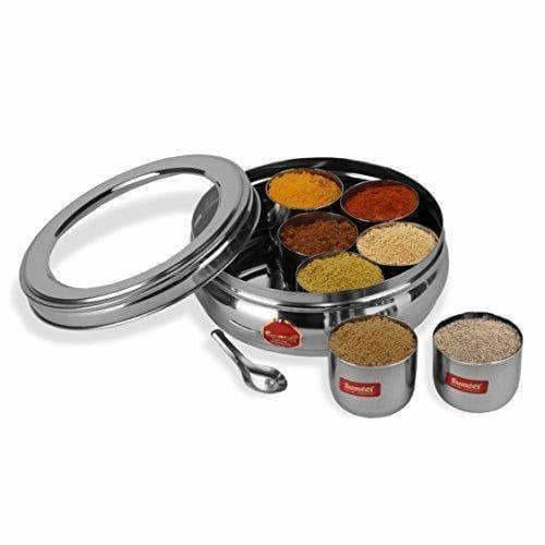 Stainless Steel Belly Shape Spice Box with See Through Lid with 7 Containers and Small Spoon Main Image