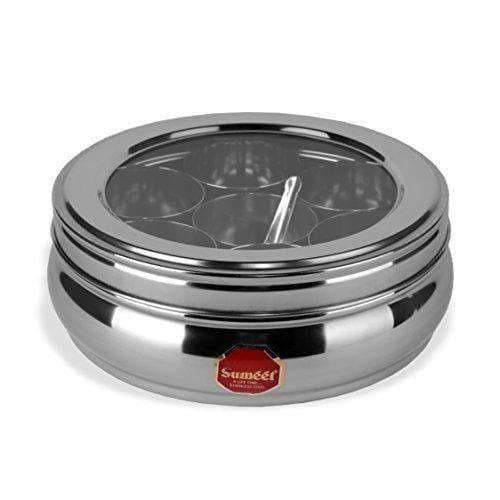Stainless Steel Belly Shape Spice Box with See Through Lid with 7 Containers and Small Spoon Hover Image