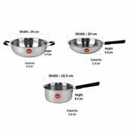 Stainless Steel Induction Cookware  Sauce Pan +Kadhai + Fry Pan - Set of 3