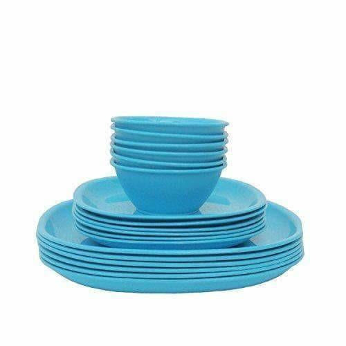Plastic Square Plate and Bowl Set, 18-Pieces, Turquoise Hover Image