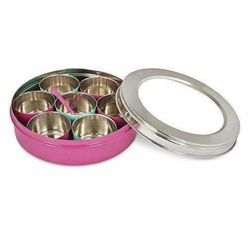 Stainless Steel Made Masala Box Spice Box Masala Dabba Container With Glass Lid 7 Compartments With 1 Spoon
