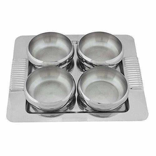 Stainless Steel Serving Set with Wooden Lid and Tray - 4 Pieces
