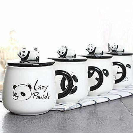 Panda Ceramic Mug with Ceramic Lid and Spoon(Random Design)-300 ML (Pack of 1)
